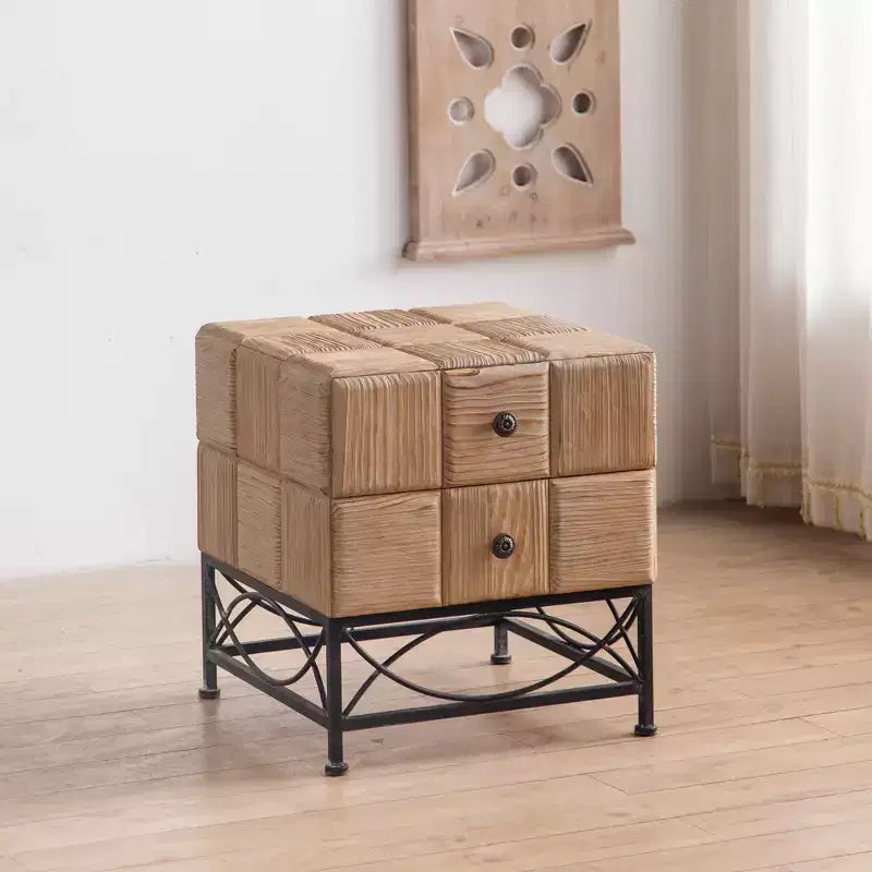Retro Square Coffee Table With 2 Drawers – Small Splicing Design Center Table for Living Room, Dining Room & Office