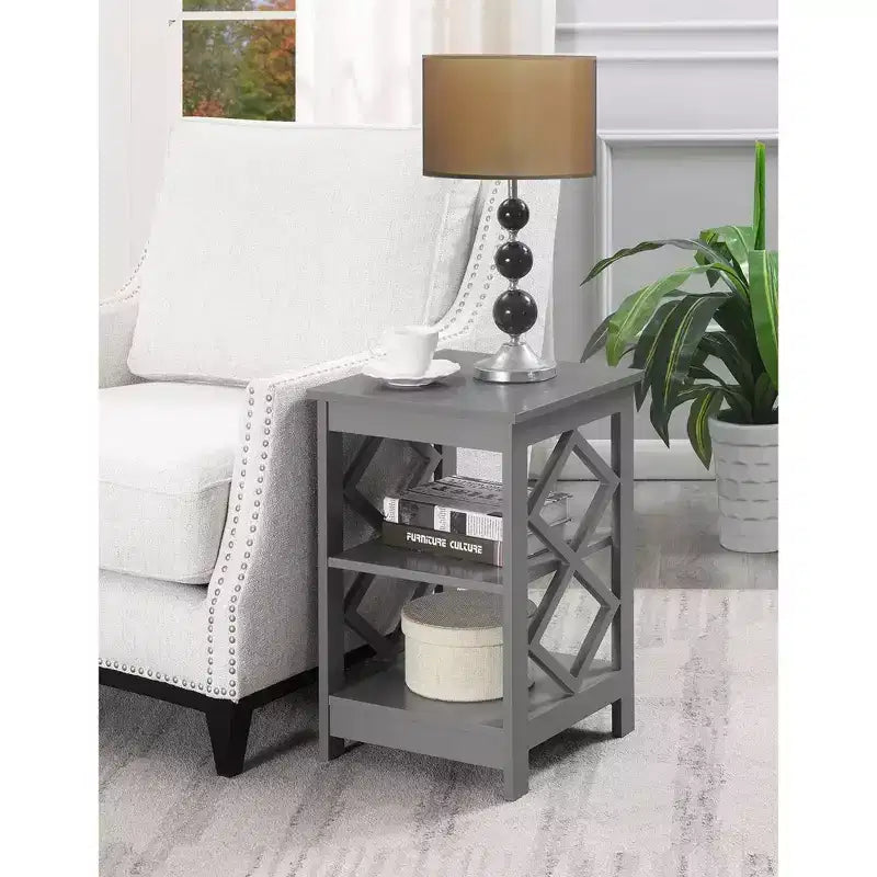 Diamond End Table with Three-Tier Shelves and Decorative Side Cut-Outs, Contemporary Accent Storage Table for Living Room