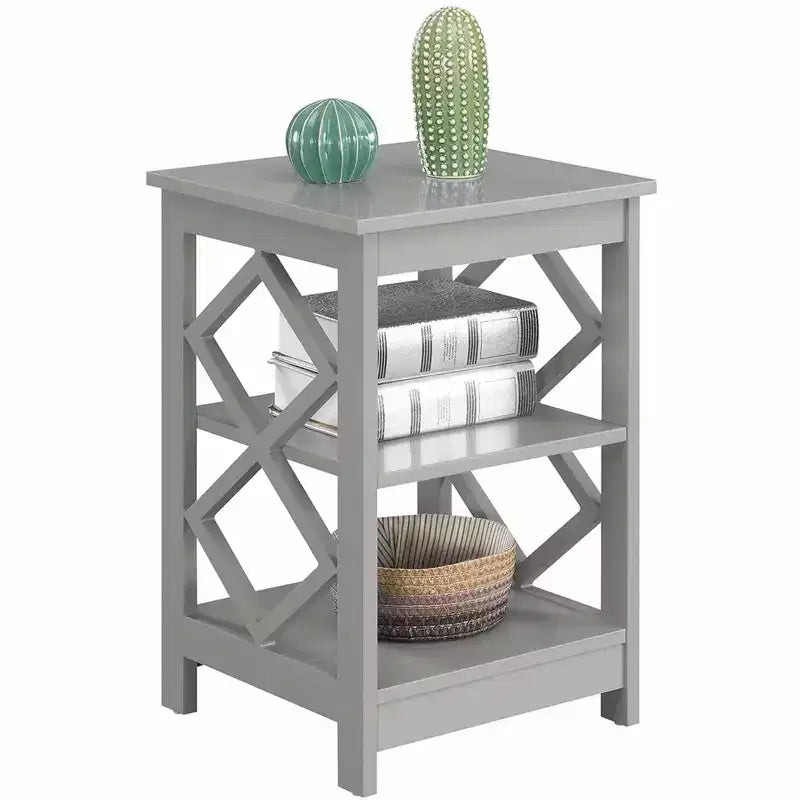 Diamond End Table with Three-Tier Shelves and Decorative Side Cut-Outs, Contemporary Accent Storage Table for Living Room