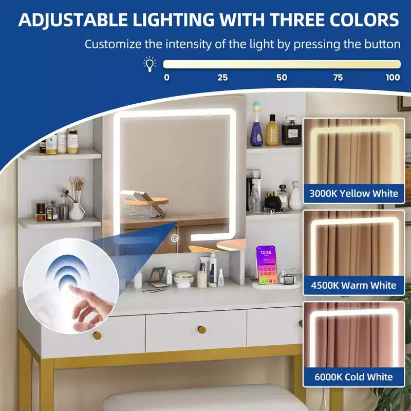 Makeup Vanity Desk with 11 Bulbs Mirror, 4 Drawers, Built-in Shelves, Power Outlet & 3 Adjustable Light Modes for Bedroom