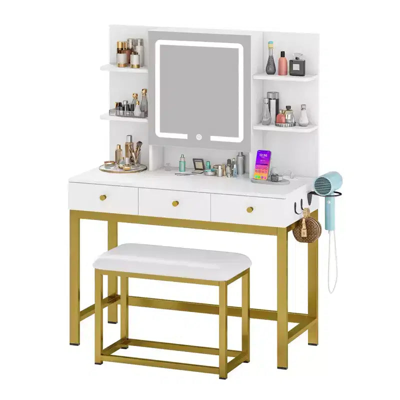Makeup Vanity Desk with 11 Bulbs Mirror, 4 Drawers, Built-in Shelves, Power Outlet & 3 Adjustable Light Modes for Bedroom