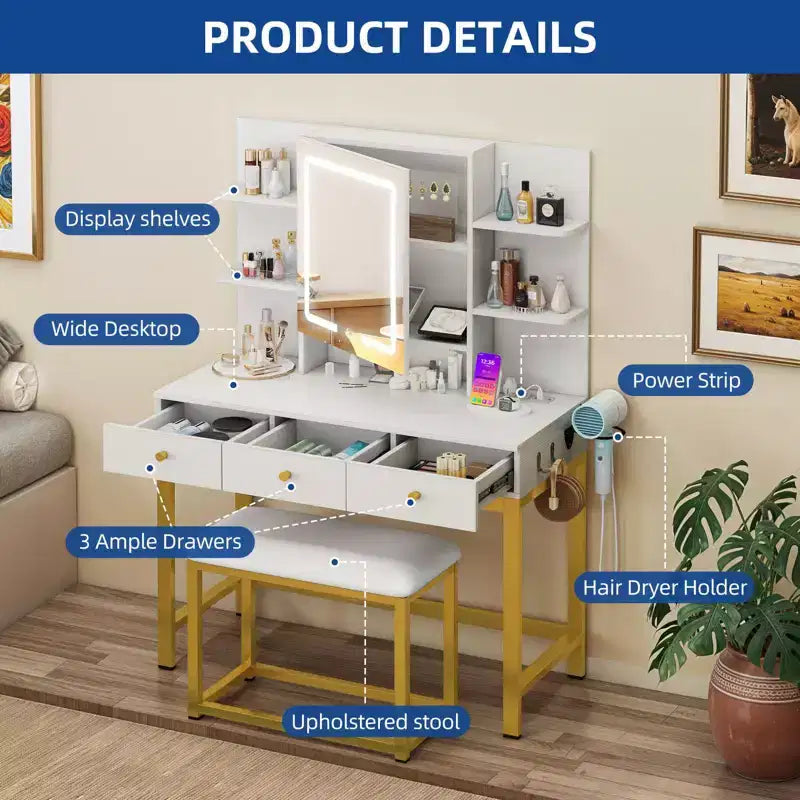 Makeup Vanity Desk with 11 Bulbs Mirror, 4 Drawers, Built-in Shelves, Power Outlet & 3 Adjustable Light Modes for Bedroom