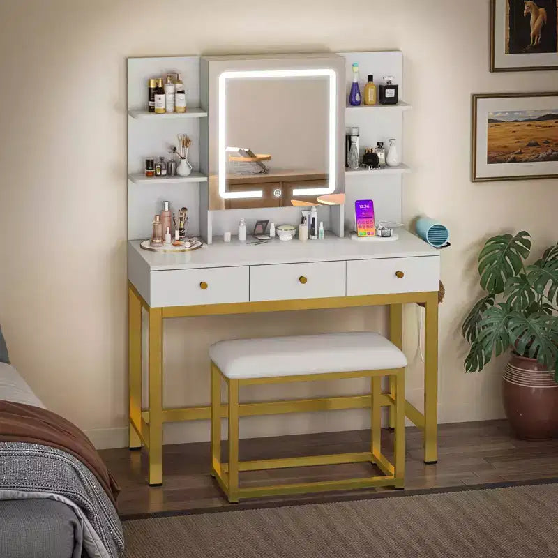 Makeup Vanity Desk with 11 Bulbs Mirror, 4 Drawers, Built-in Shelves, Power Outlet & 3 Adjustable Light Modes for Bedroom