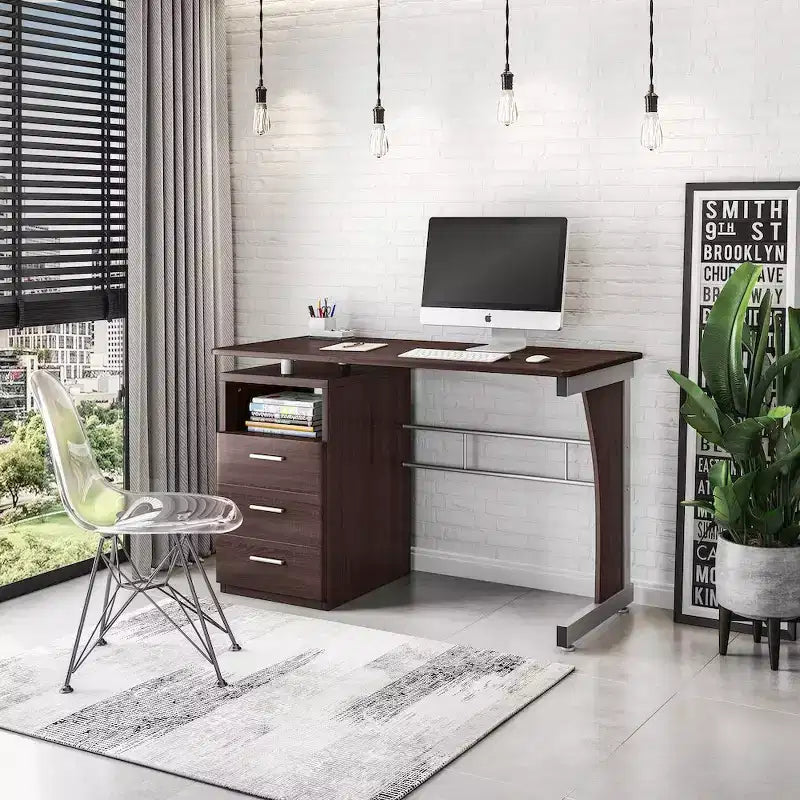 Bureau informatique de 48 po avec piédestal à 3 tiroirs et surface de travail surélevée