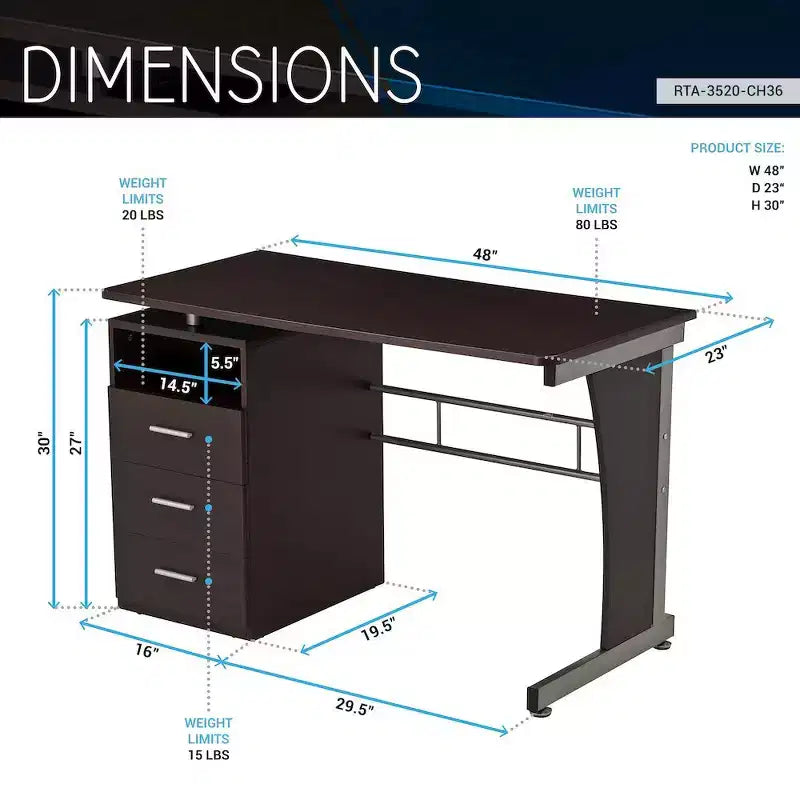 Bureau informatique de 48 po avec piédestal à 3 tiroirs et surface de travail surélevée