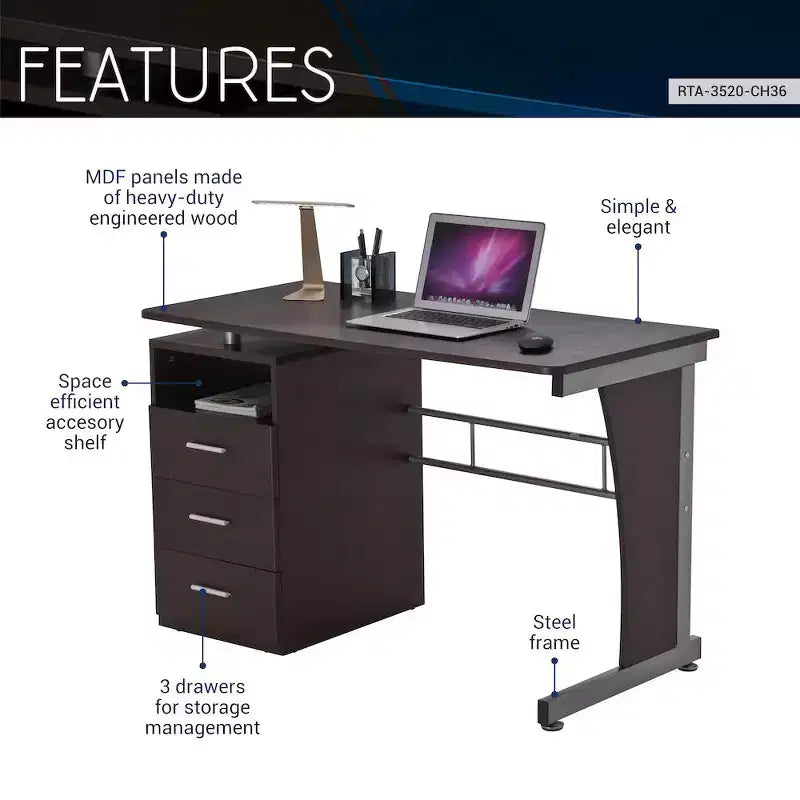 Bureau informatique de 48 po avec piédestal à 3 tiroirs et surface de travail surélevée
