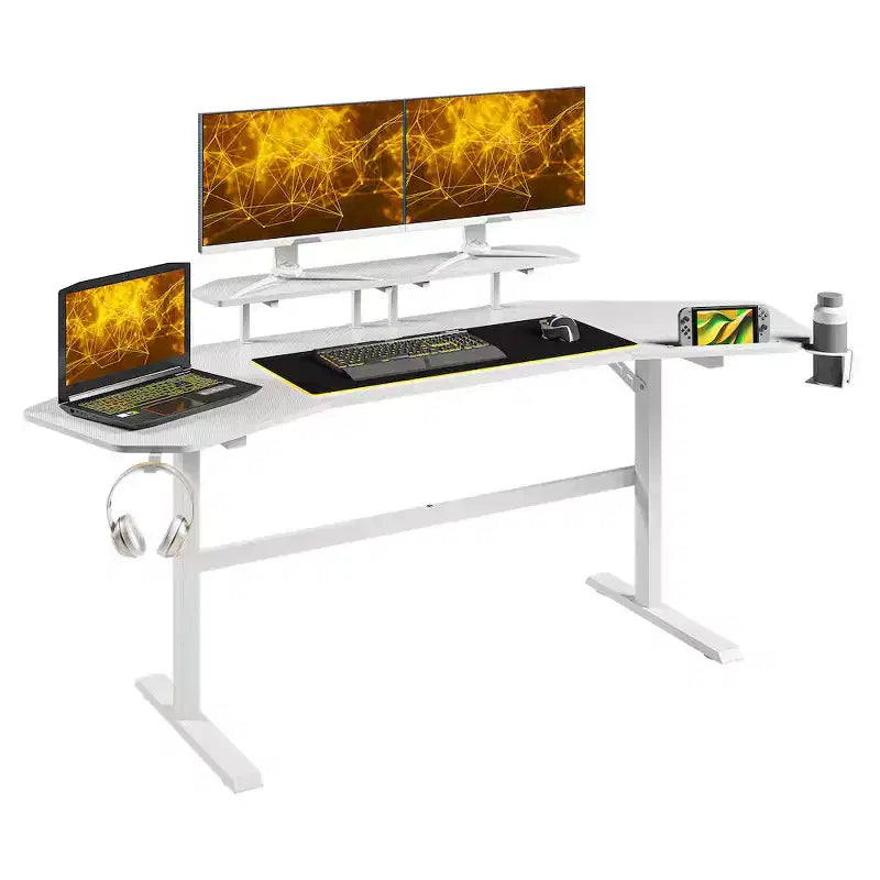 Bureau de jeu de 179 cm avec deux étagères pour moniteur, porte-gobelet et support d'accessoires