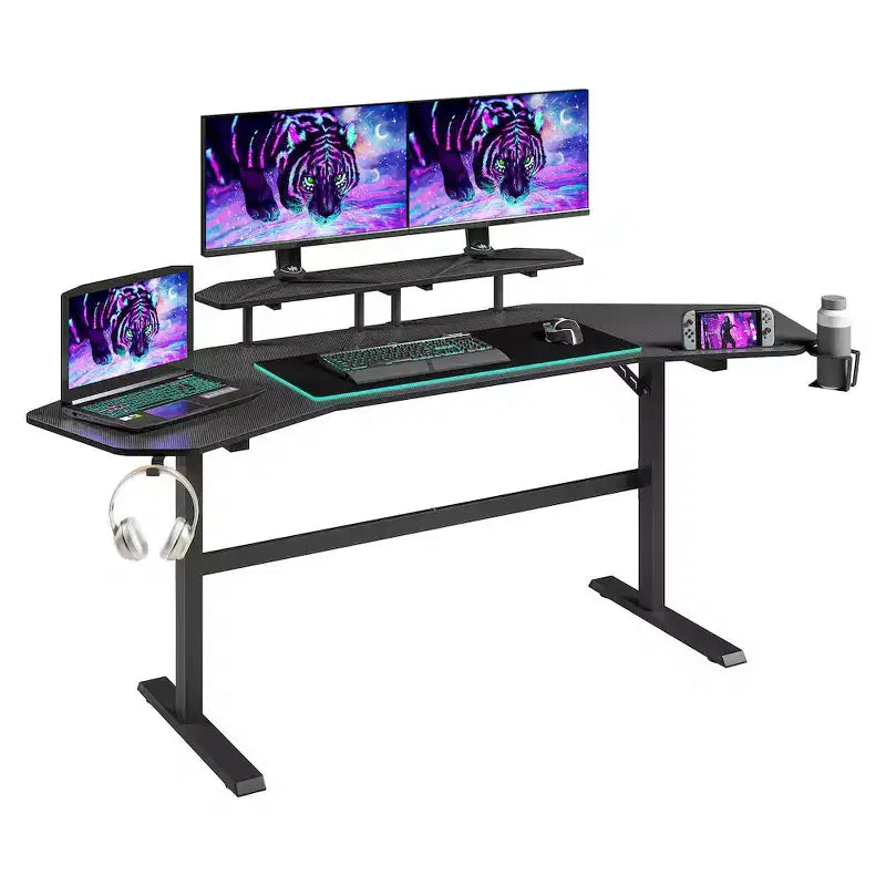 Bureau de jeu de 179 cm avec deux étagères pour moniteur, porte-gobelet et support d'accessoires