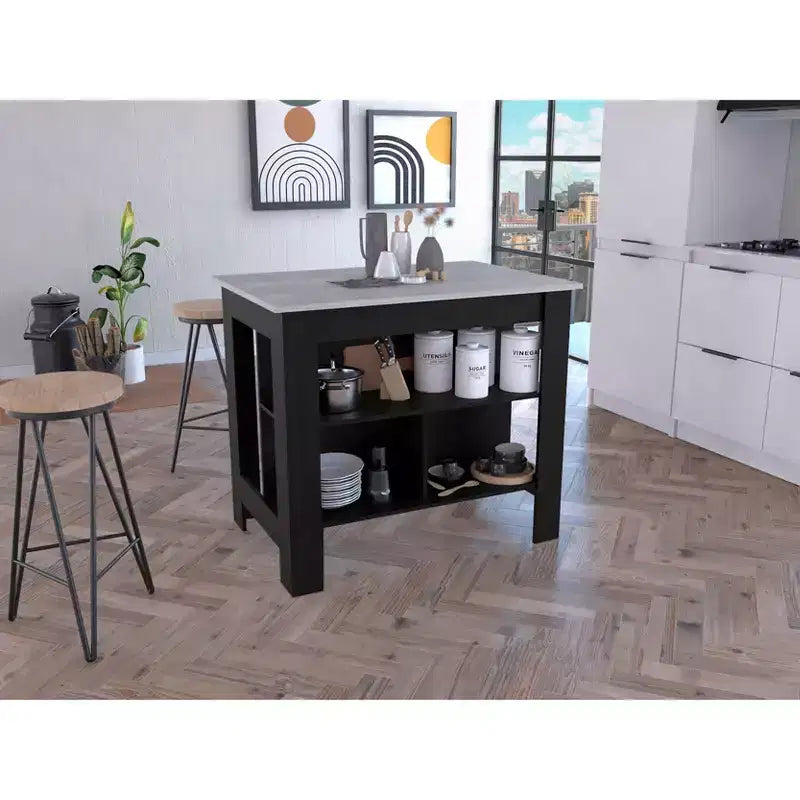 Îlot de cuisine minimaliste avec 3 grandes étagères de rangement et organisateur de plan de travail