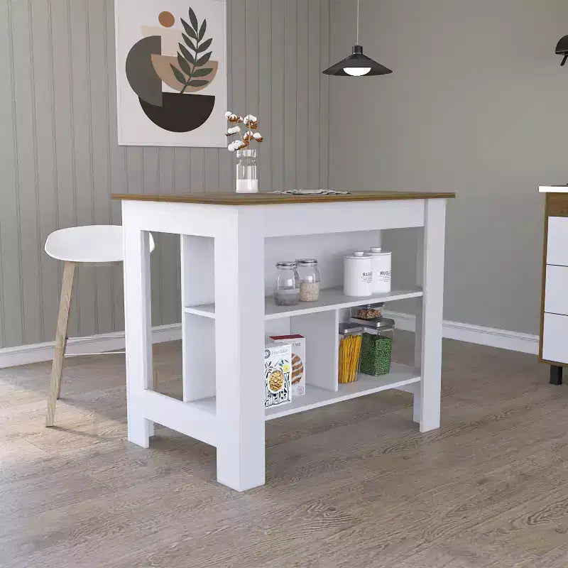 Îlot de cuisine minimaliste avec 3 grandes étagères de rangement et organisateur de plan de travail