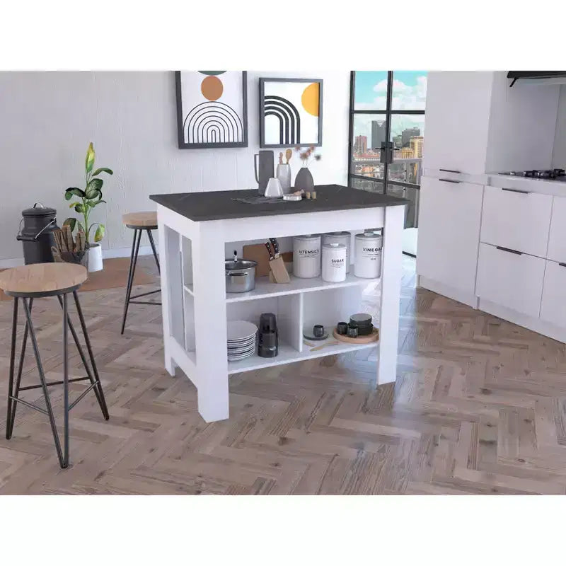 Îlot de cuisine minimaliste avec 3 grandes étagères de rangement et organisateur de plan de travail
