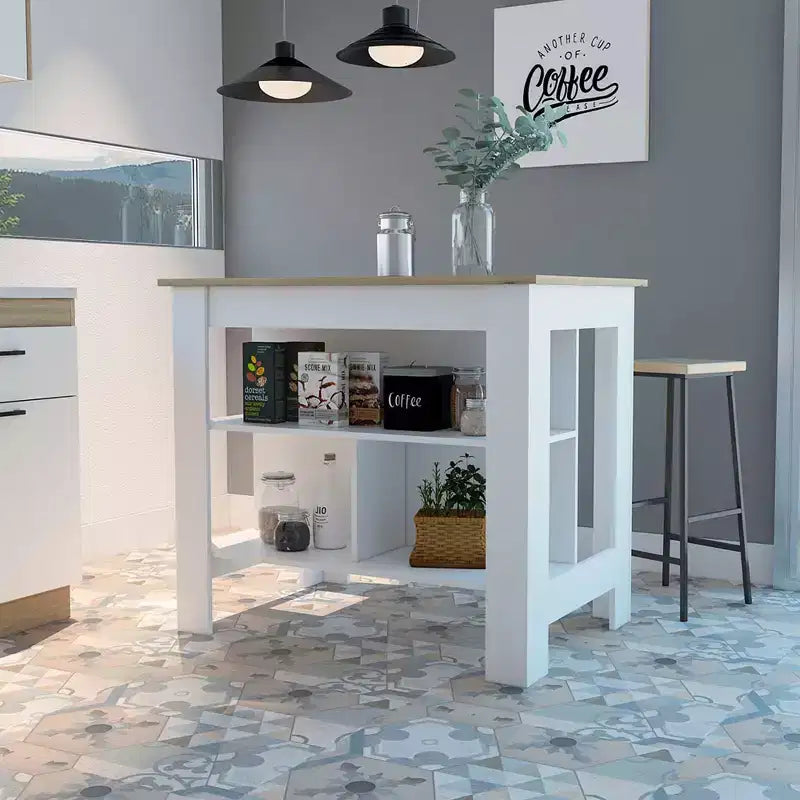 Îlot de cuisine minimaliste avec 3 grandes étagères de rangement et organisateur de plan de travail