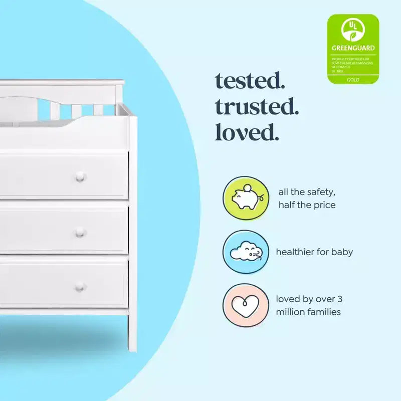 Commode à langer 3 tiroirs avec matelas à langer – Pin massif, GREENGUARD Gold