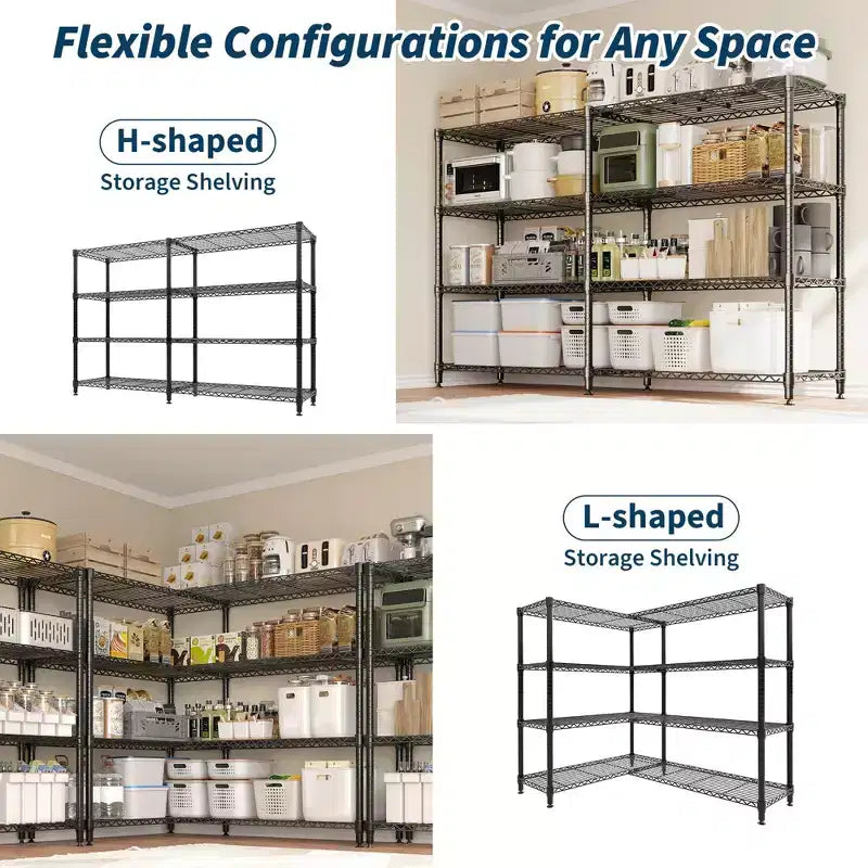Étagère de rangement métallique robuste à 4 niveaux – Configuration en L ou horizontale