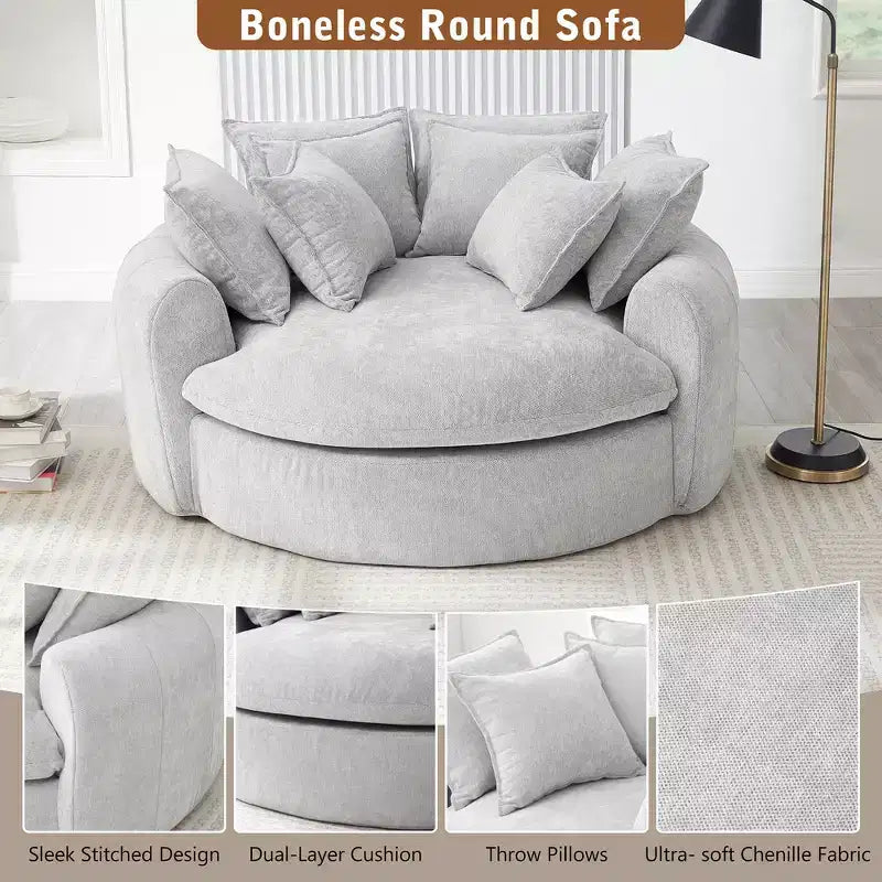 Canapé-lit rond de 152 cm avec 8 coussins décoratifs – Revêtement en chenille