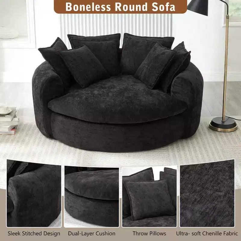 Canapé-lit rond de 152 cm avec 8 coussins décoratifs – Revêtement en chenille