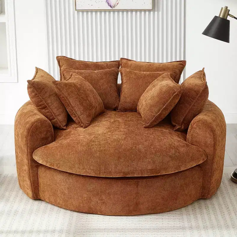 Canapé-lit rond de 152 cm avec 8 coussins décoratifs – Revêtement en chenille