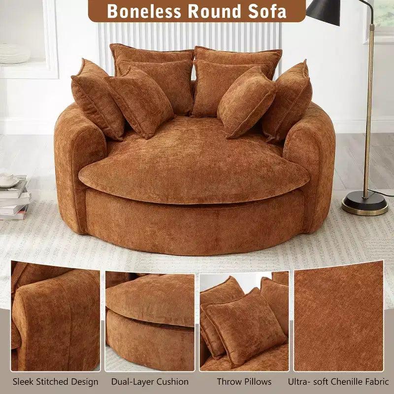 Canapé-lit rond de 152 cm avec 8 coussins décoratifs – Revêtement en chenille