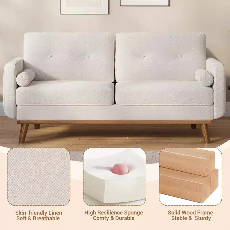 Causeuse de 65 po de style moderne du milieu du siècle avec dossier touffeté et pieds en bois