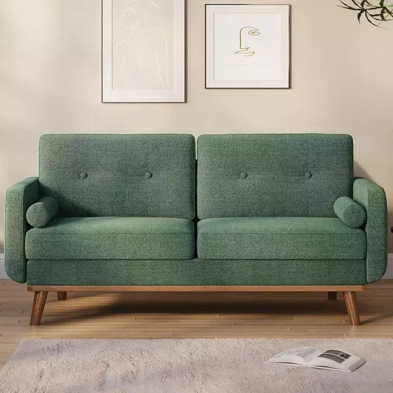Causeuse de 65 po de style moderne du milieu du siècle avec dossier touffeté et pieds en bois