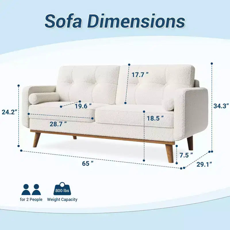 Causeuse de 65 po de style moderne du milieu du siècle avec dossier touffeté et pieds en bois