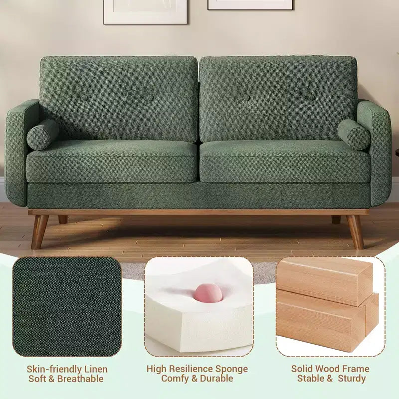 Causeuse de 65 po de style moderne du milieu du siècle avec dossier touffeté et pieds en bois