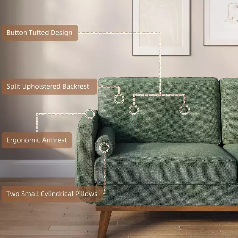 Causeuse de 65 po de style moderne du milieu du siècle avec dossier touffeté et pieds en bois