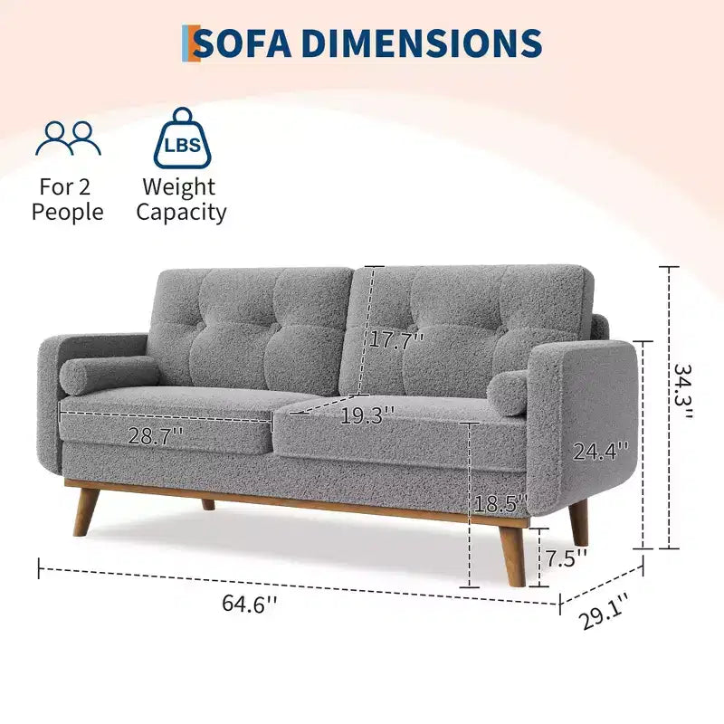 Causeuse de 65 po de style moderne du milieu du siècle avec dossier touffeté et pieds en bois