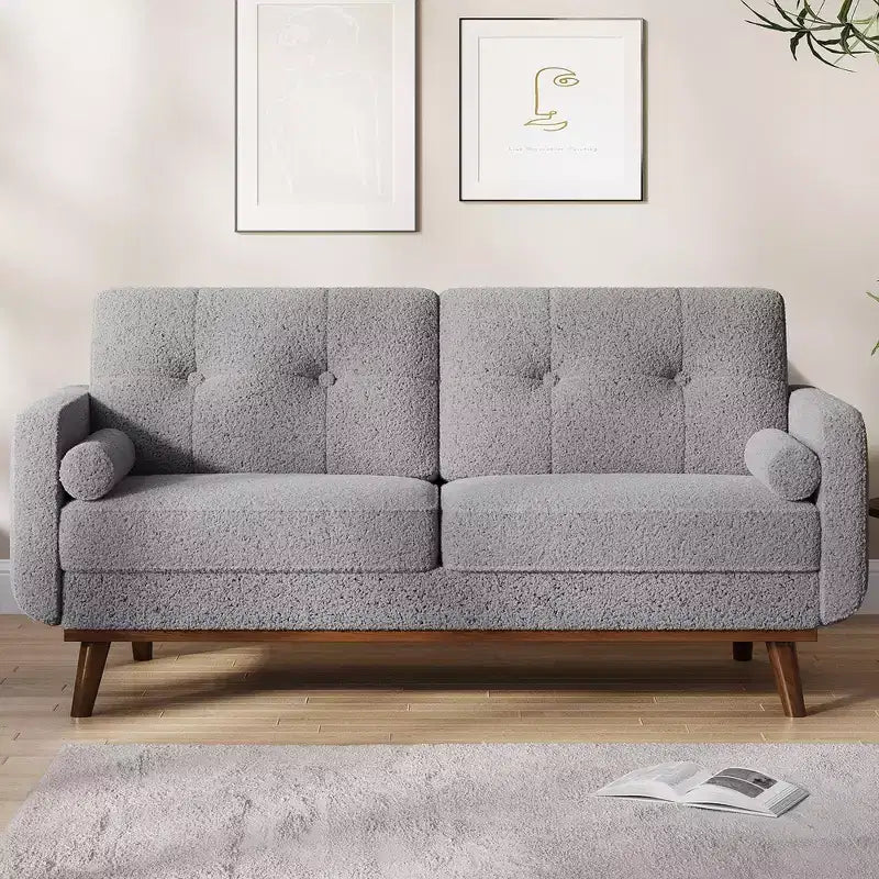 Causeuse de 65 po de style moderne du milieu du siècle avec dossier touffeté et pieds en bois