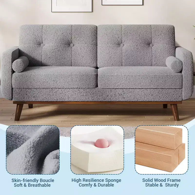 Causeuse de 65 po de style moderne du milieu du siècle avec dossier touffeté et pieds en bois