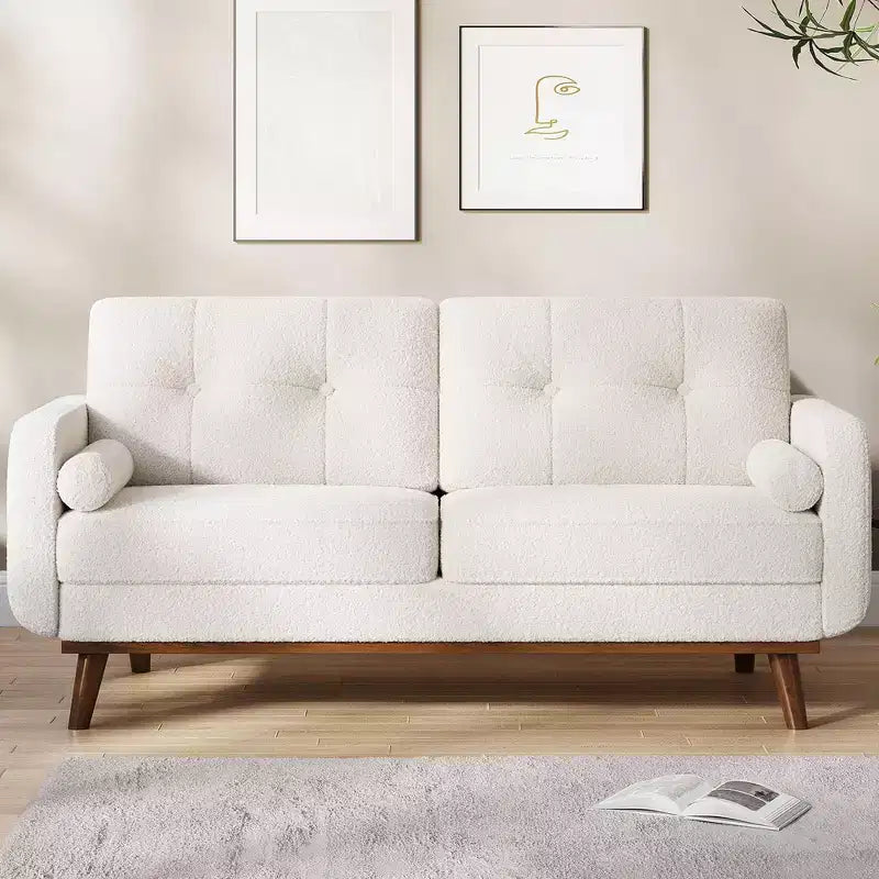 Causeuse de 65 po de style moderne du milieu du siècle avec dossier touffeté et pieds en bois