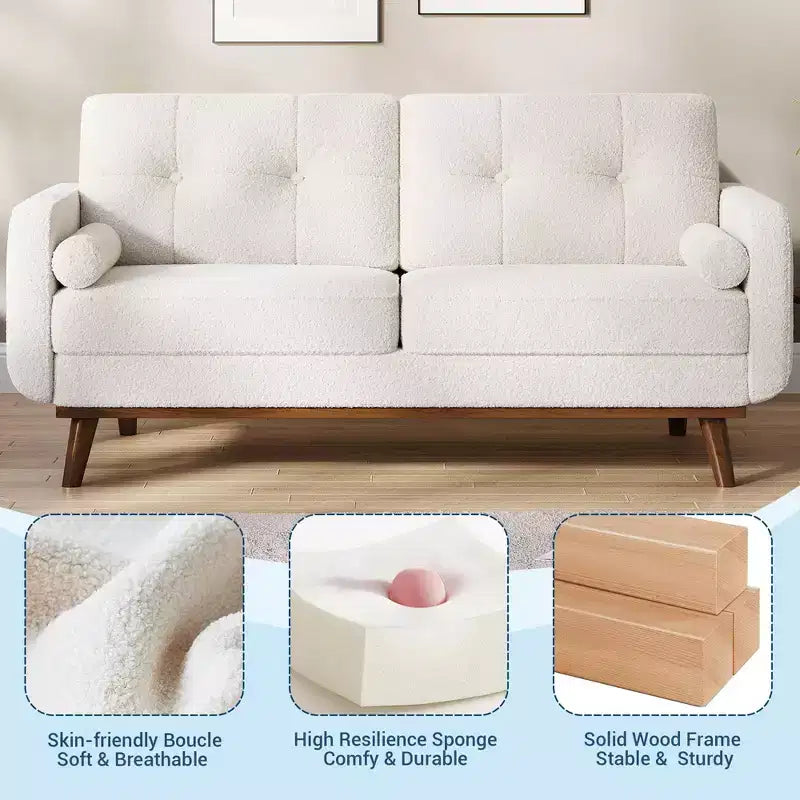 Causeuse de 65 po de style moderne du milieu du siècle avec dossier touffeté et pieds en bois