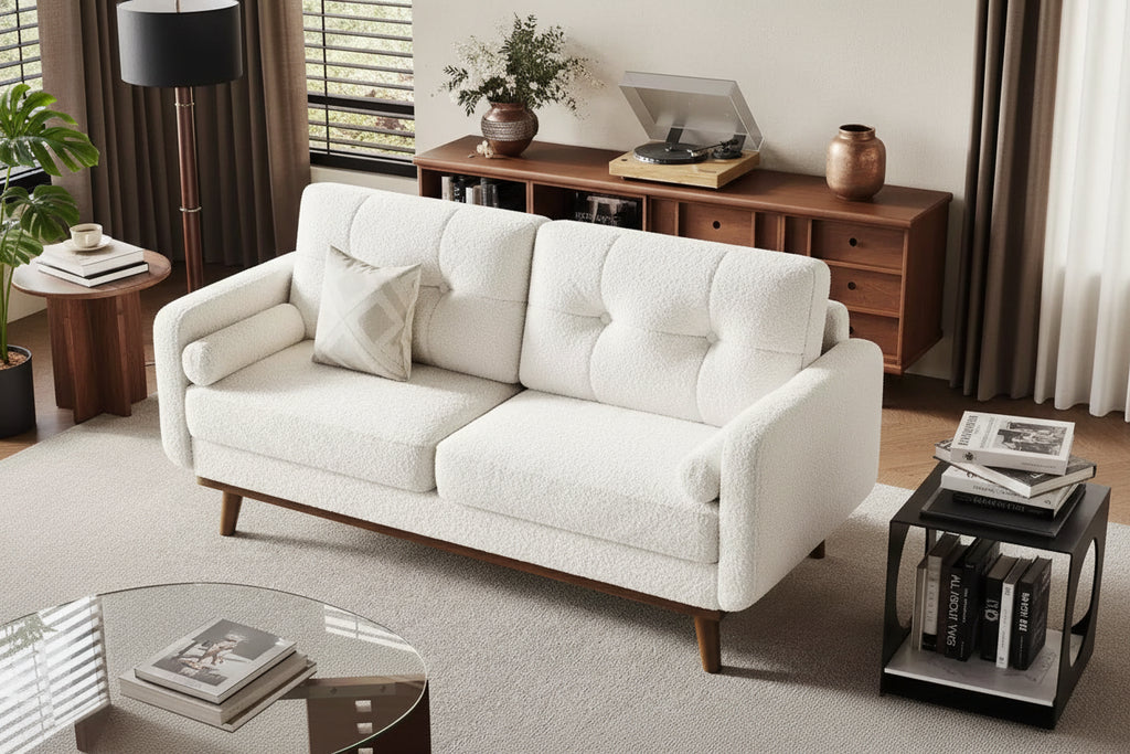 Mid Century Modern Loveseat 65  Button Tufted Sofa Couch with Wood Legs & Trim, Upholstered Love Seat for Living Room, Bedroom & Office