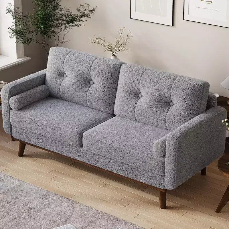 Causeuse de 65 po de style moderne du milieu du siècle avec dossier touffeté et pieds en bois