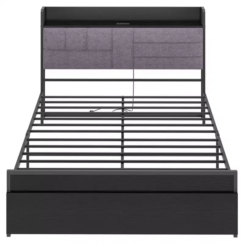 COZONY Grey Upholstered Bed Frame with Storage, Charging Station Black Frame No Box Spring Needed