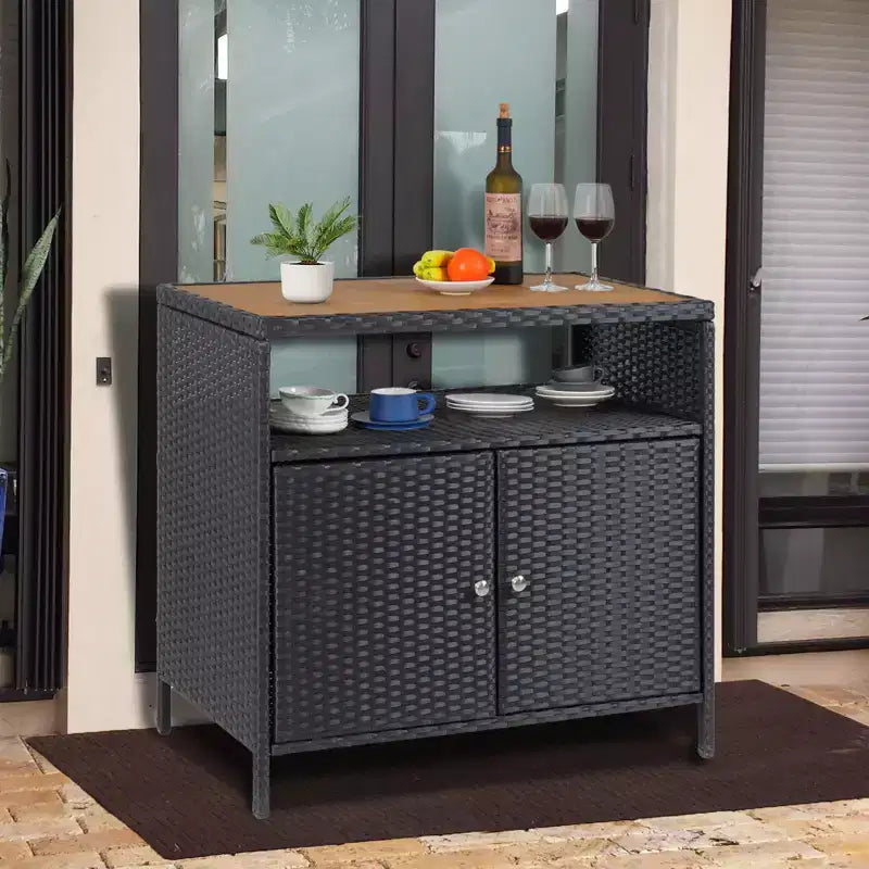 COZONY Wicker Storage Cabinet, All-Weather Resin Outdoor Storage Table with Magnetic Doors & Spacious Top, Perfect for Patio, Garden, Kitchen