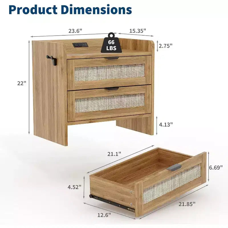 Table de chevet en bois avec station de charge USB-C, 1 tiroir et étagère ouverte