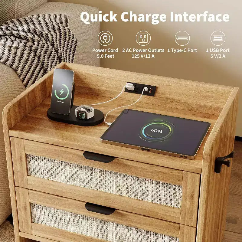 Table de chevet en bois avec station de charge USB-C, 1 tiroir et étagère ouverte