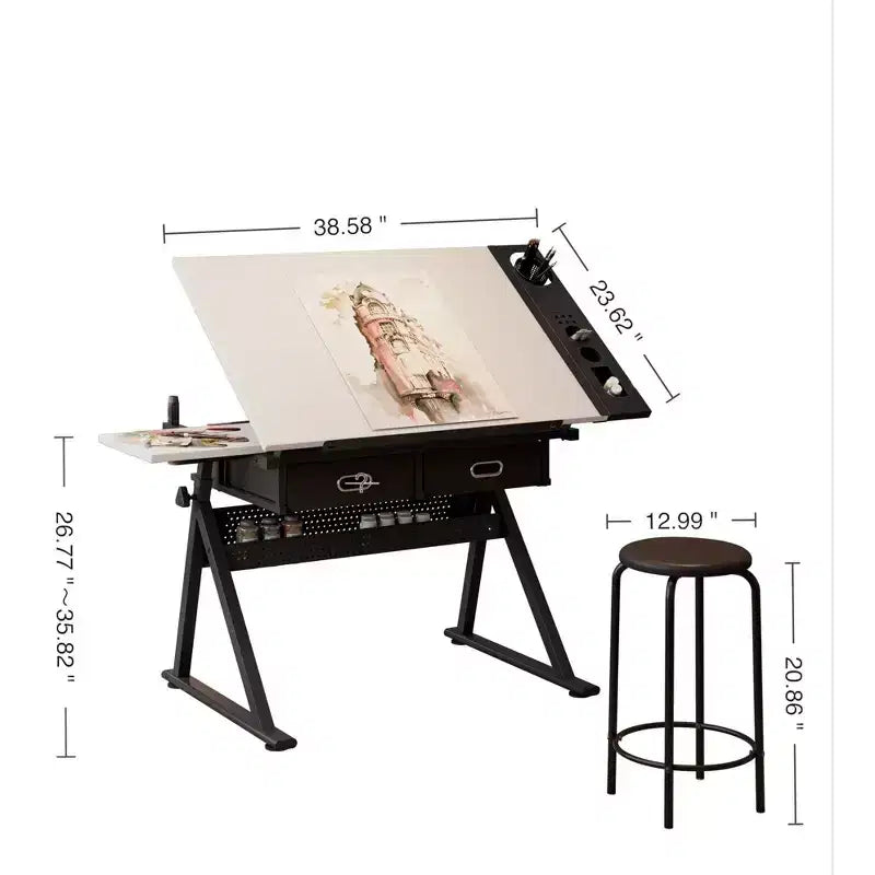 Table à dessin réglable avec 2 tiroirs et étagère