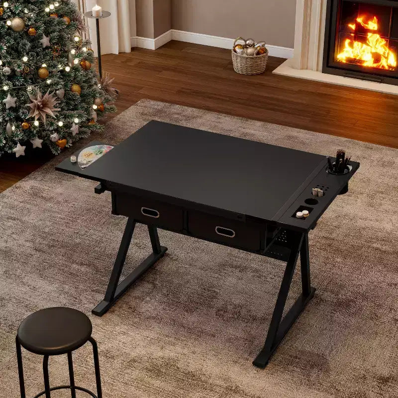 Table à dessin réglable avec 2 tiroirs et étagère
