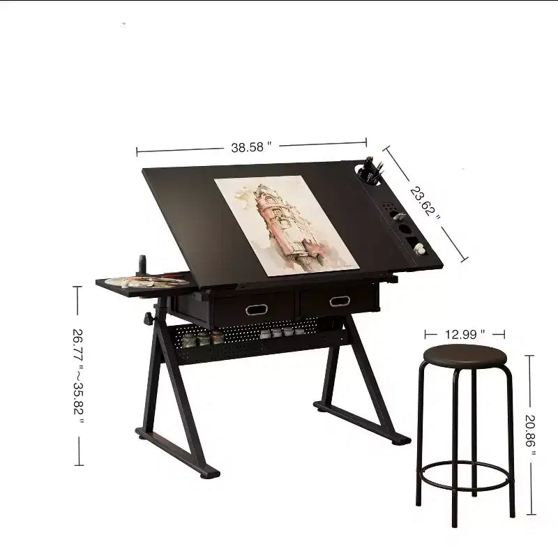 Table à dessin réglable avec 2 tiroirs et étagère