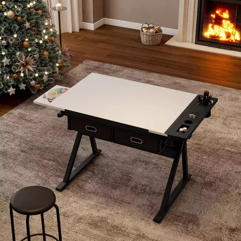 Table à dessin réglable avec 2 tiroirs et étagère