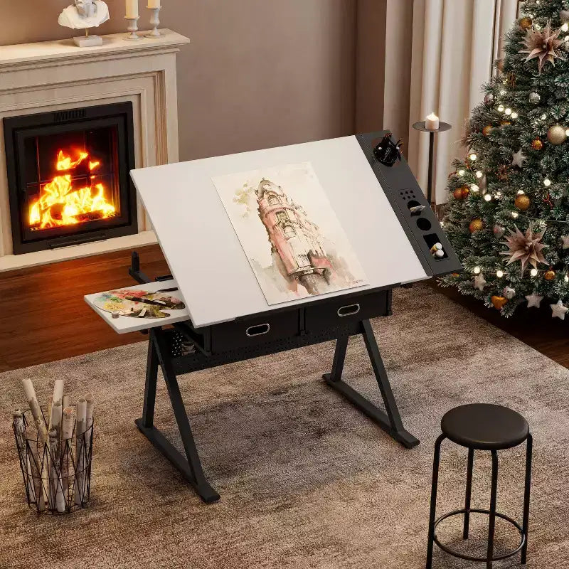 Table à dessin réglable avec 2 tiroirs et étagère