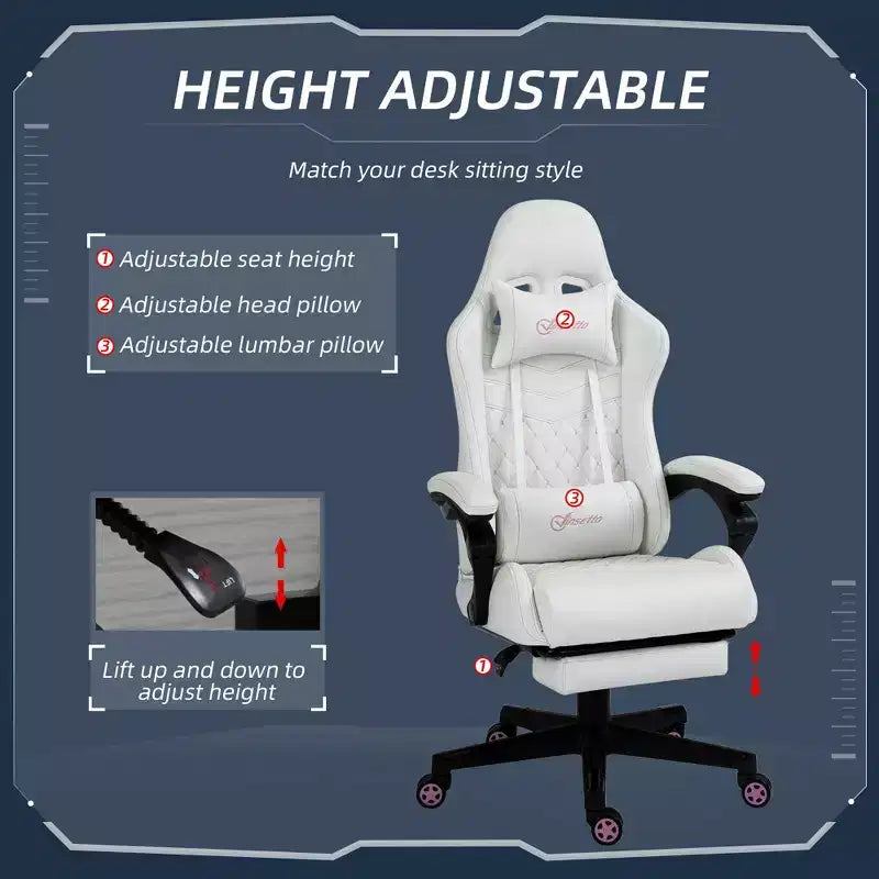 Chaise de jeu de course à dossier haut avec repose-pieds, support lombaire et hauteur réglable