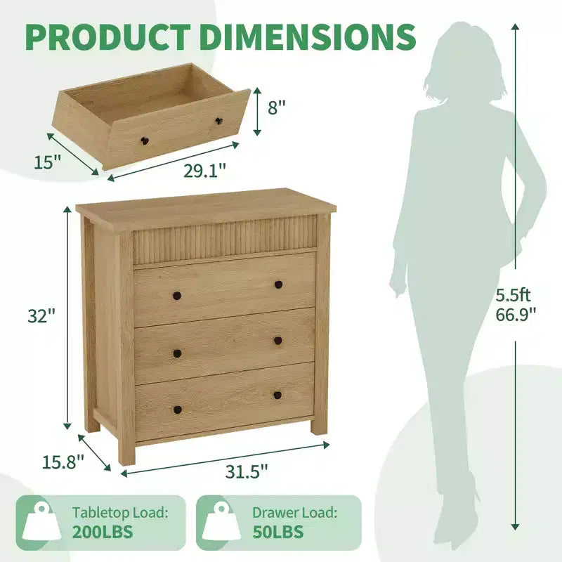 Commode en bois à 3 tiroirs et table de chevet – Table d'appoint cannelée