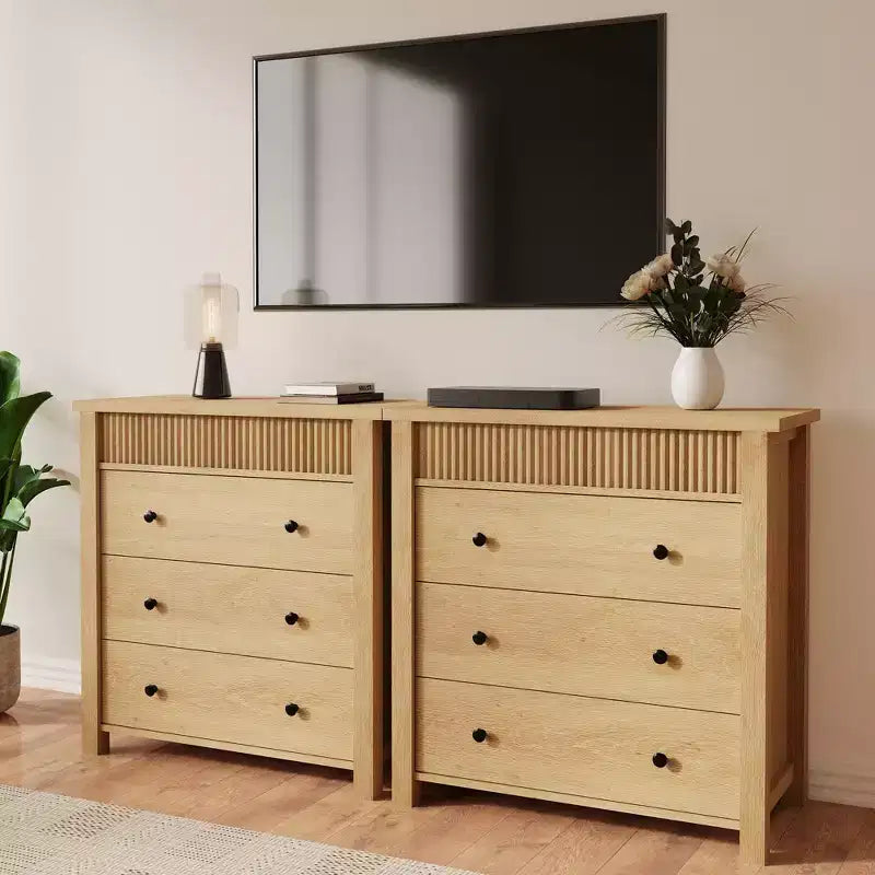 Commode en bois à 3 tiroirs et table de chevet – Table d'appoint cannelée