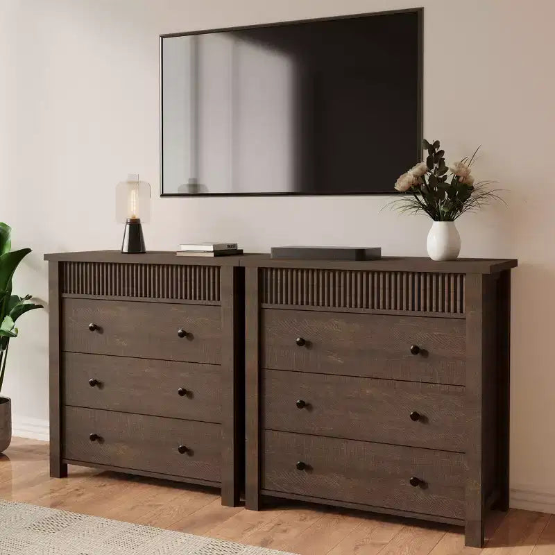 Commode en bois à 3 tiroirs et table de chevet – Table d'appoint cannelée