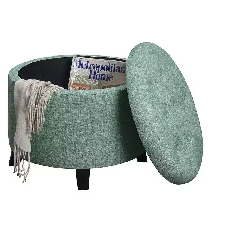 Pouffe de rangement rond avec plateau capitonné et couvercle amovible