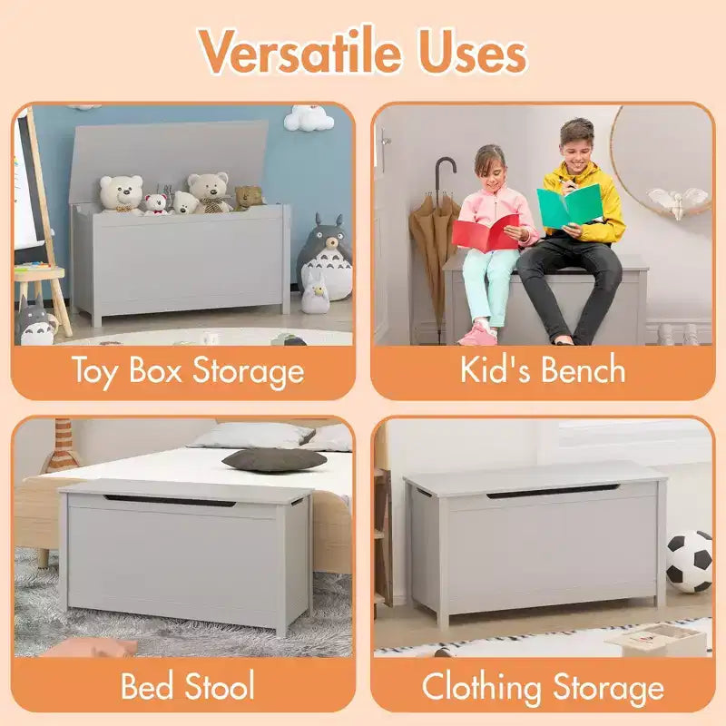 Coffre de rangement gris en bois pour jouets avec couvercle à charnière de sécurité, pour les 2 ans et plus, montage par 1 personne