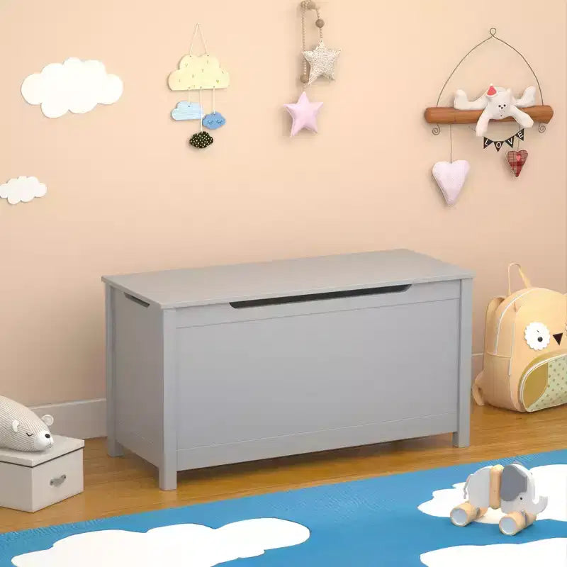 Coffre de rangement gris en bois pour jouets avec couvercle à charnière de sécurité, pour les 2 ans et plus, montage par 1 personne